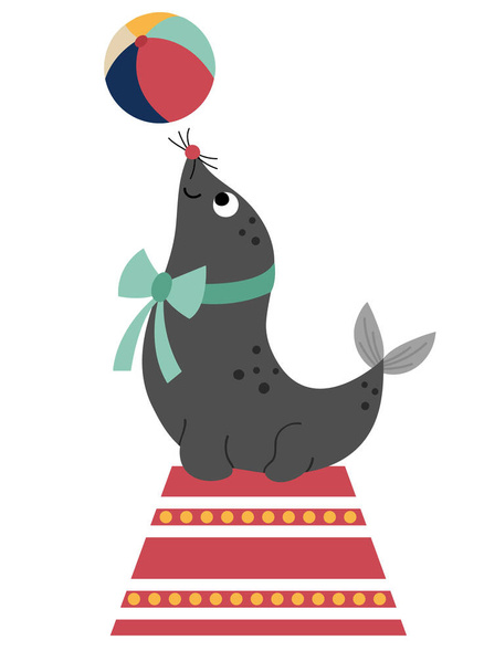 Seelöwe auf einem Ständer mit einem Ball. Vektor Zirkustier. Vergnügungsurlaub-Ikone. Niedliche lustige Festival-Charakter Clip-Art. Straßenshow-Komiker - Vektor, Bild