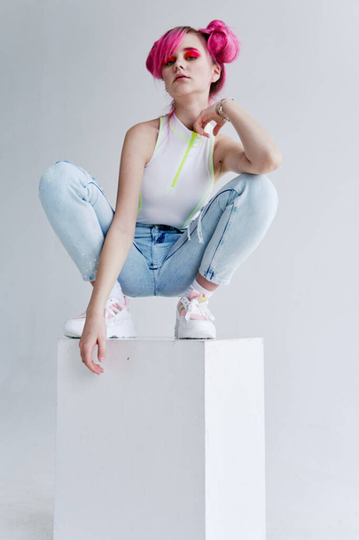 woman with pink hair teen fashionable clothes posing neon - Foto, Bild