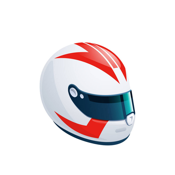 White racing helmet with red graphic elements and a blue visor is isolated on a white background. The vector illustration in an isometric style. - Вектор, зображення