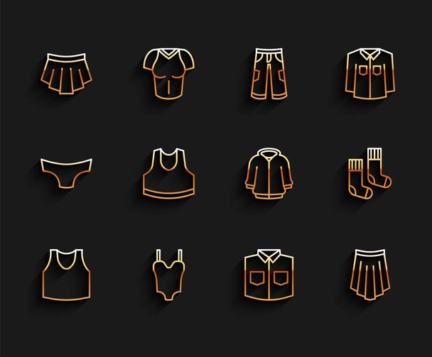 Set line Icono de camiseta, traje de baño, falda, camisa, calcetines y sudadera con capucha. Vector - Vector, imagen