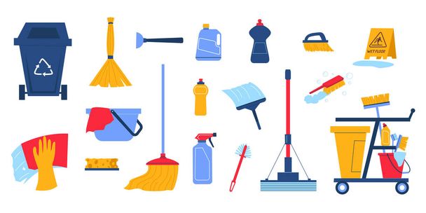 Cleaning detergent. Doodle housekeeping supplies. Household cleanup service equipment. Rubber gloves. Bucket and housework chemistry. Cleansers and trash bin. Vector housework tools set - Vector, Image
