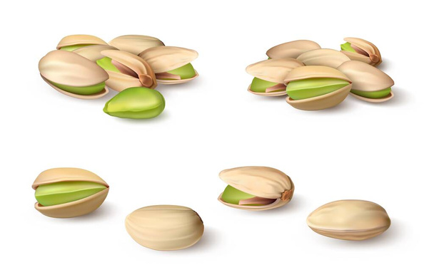 Realistinen pistaasi. 3D luonnollinen orgaaninen vegaaninen pähkinä kuoressa. Makrograafinen malli pähkinäisille elintarvikepakkauksille ja mainonnalle. Terveellinen kasvi välipala malli. Vektori eristetty kuorimattomat vihreät siemenet asetettu - Vektori, kuva