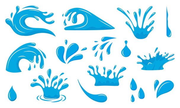 Cartoon water splash. Blue liquid spill. Raindrop and falling dew. Moisture drip and sea wave. Isolated droplets. Fluid flow and drop splatter. Ocean ripple. Vector dripping aqua set - Vector, Image
