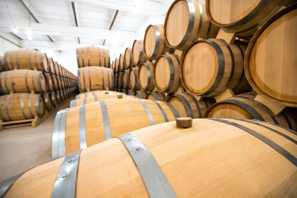 Barricas de vino de madera en la bodega de la bodega. Proceso de envejecimiento y fermentación de una bebida alcohólica. Calidad y sabor del producto - Foto, Imagen