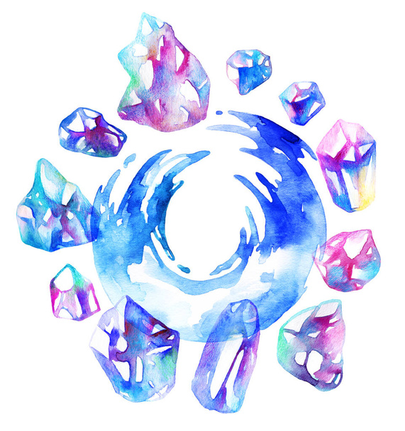 Handgezeichnete Diamantkristalle und plätscherndes Wasser - dekorative Aquarellzeichnung auf weißem Hintergrund - Foto, Bild