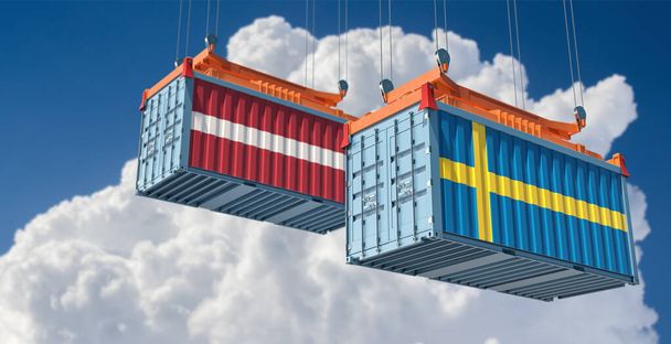 Freight containers with Sweden and Latvia national flags. 3D Rendering  - Foto, afbeelding