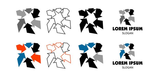 Vektori logot kuusi nuolta osoittaa keskustaan, eristetty valkoisella pohjalla. Yhtenäisyyden ja yhteistyön käsite - Vektori, kuva