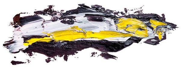 Pincelada de rayas de aceite blanco y amarillo negro. Forma de traza de salpicadura de barniz abstracto. Mancha de pintura al óleo brillante sobre fondo blanco. Ilustración vectorial EPS10. - Vector, Imagen
