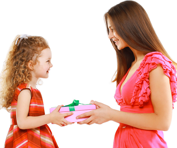 Happy mother gives gift box child, christmas, holiday, birthday, - Fotó, kép