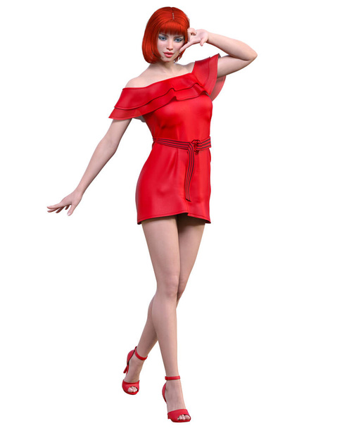 Beautiful redhead woman in light summer waving red dress.Summer clothes collection.Bright makeup.Woman studio photography.Conceptual fashion art.Seductive candid pose.Femme fatale.3D Render. - Φωτογραφία, εικόνα
