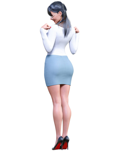 Sexy brunette hair woman office secretary uniform short mini skirt.Beautiful underwear collection.Femme fatale with glasses.Provocative liberated pose.3D rendering isolate.Conceptual fashion art. - Photo, Image
