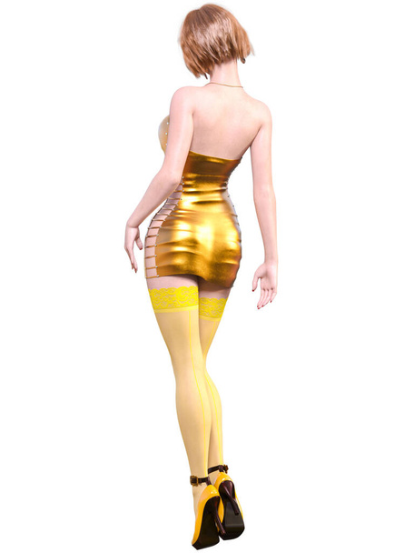 Beautiful woman yellow short evening latex mini dress and stocking.Summer clothes collection.Woman studio photography.Conceptual fashion art.Femme fatale.3D Render. - Foto, immagini