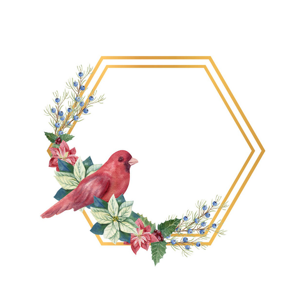 Marco geométrico dorado con d cor invierno y pájaro rojo. Ilustración de Navidad acuarela - Foto, imagen