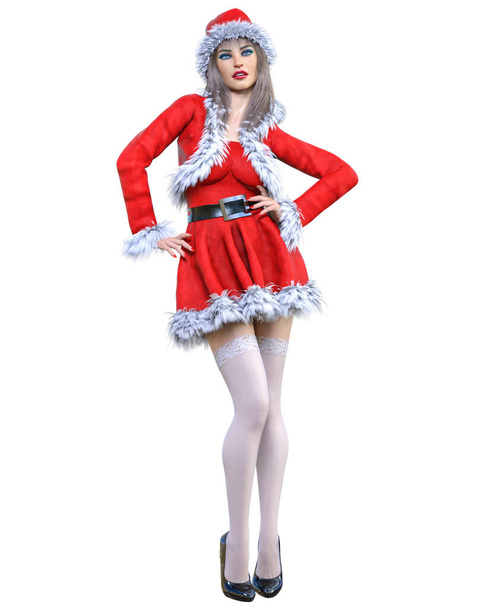 Young beautiful Santa girl.Short red warm festive dress fur.Long hair.Bright make up.Conceptual fashion art.3D render isolate illustration.Christmas, New Year. - Fotoğraf, Görsel