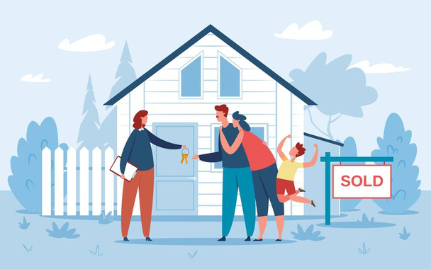 A család új házat vesz, az ingatlanügynök kulcsot ad a vevőknek. Boldog pár gyerekek vásárol ingatlan, ingatlan vektor illusztráció - Vektor, kép