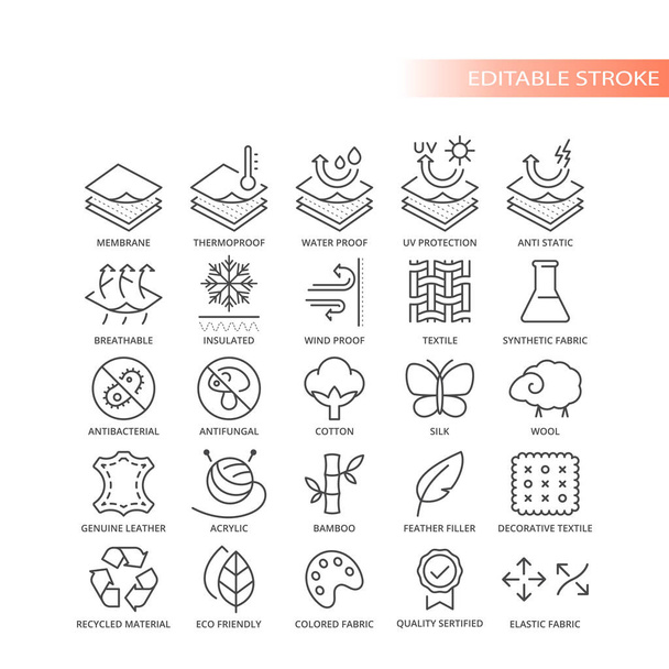 Fabric material feature live vector icon set. Fabrics features and properties symbols, editable stroke. - Vector, Image