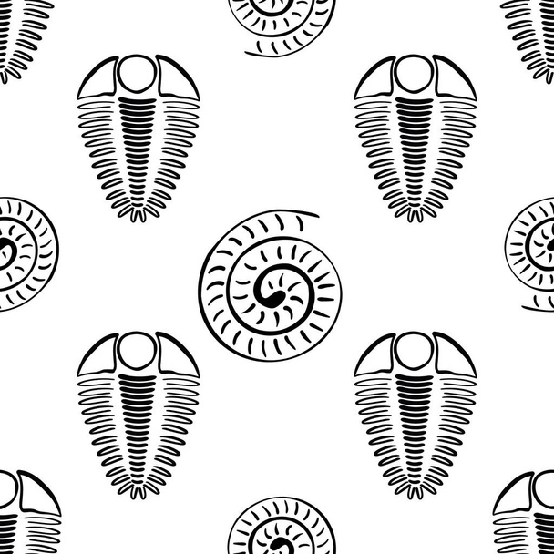 Ammoniten Trilobiten Vektor nahtlose Muster Hintergrund. Handgezeichnete spiralförmige Muschelkopffüßer und Fossilien mit gerippten Gliederfüßen. Monochromer Rückwärtsgang. Ausgestorbene Meeresräuber. Wiederholung für die Bildung - Vektor, Bild