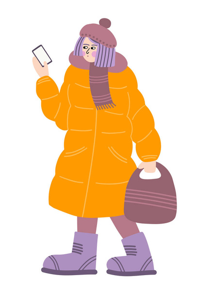 Ilustración vectorial aislada de una niña en ropa de invierno caminando con una bolsa y teléfono - Vector, imagen