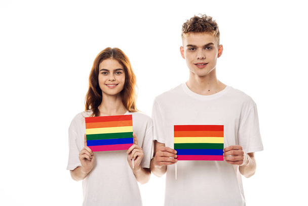 young couple lgbt Flag transgender lifestyle light background - Fotoğraf, Görsel