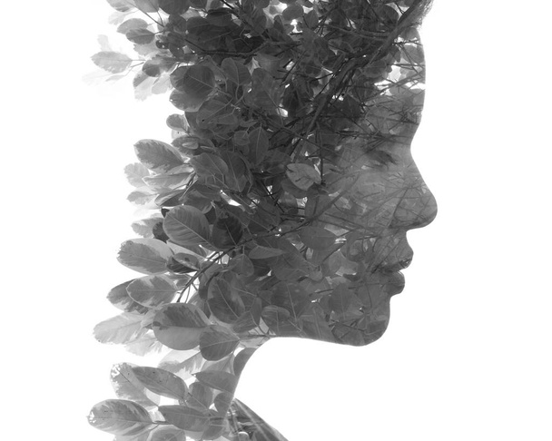 A black and white portrait of a woman combined with foliage. - Фото, зображення