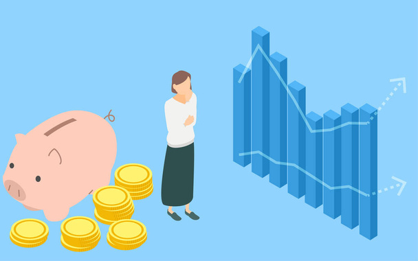 Imagen de ahorro e inversión, alcancías y monedas de mujeres y cerdos preocupados frente al gráfico, isométrica - Vector, imagen