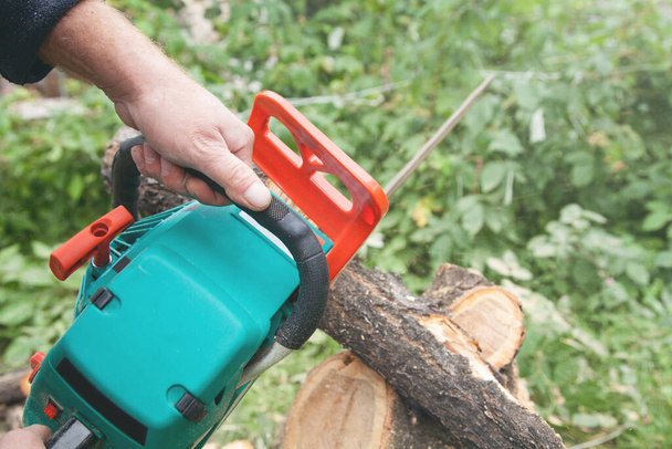Man cutting wood with a chainsaw.  - Photo, Image