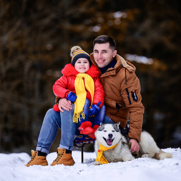 Isä, jolla on kaunis tytär ja husky-koira, kävelee talvimetsässä. - Valokuva, kuva