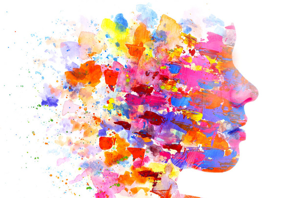 A profile portrait of a woman combined with various colorful watercolor splashes. Paintography. - Fotó, kép