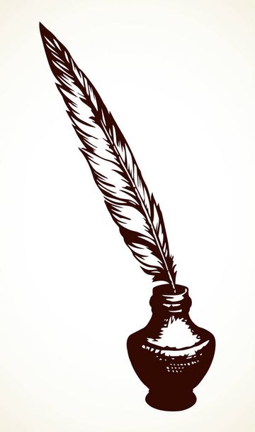 Χήνα nib, γυάλινο μελανοδοχείο βάζο νεκρή φύση φόντο αντίγραφο χώρο κειμένου. Freehand περίγραμμα ποιητής γραφέας κύκνος λαβή αντικείμενο εικόνα σχέδιο λογότυπο έμβλημα εικονόγραμμα. Παλαιωμένος καλλιτέχνης scribble περίγραμμα μολύβι σκιάχτρο στυλ - Διάνυσμα, εικόνα