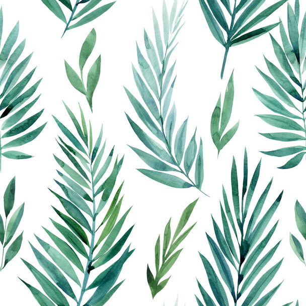 緑の熱帯の葉のシームレスなパターン、水彩画のイラスト、ジャングルデザイン - 写真・画像