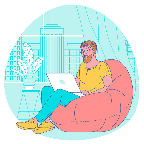 Young man sitting on a bean bag - Vector, Image