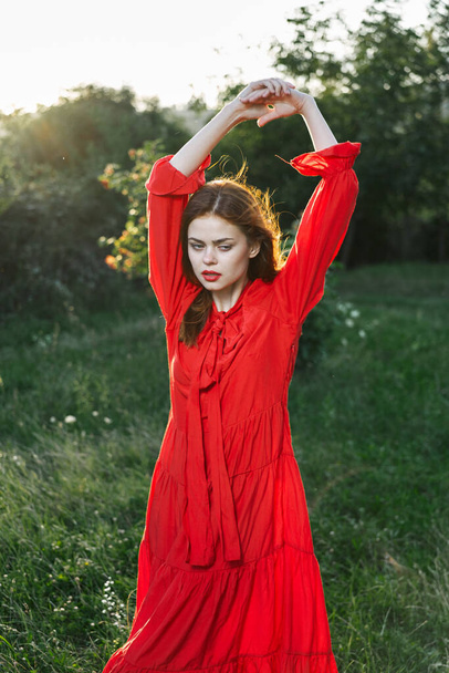 attractive woman in red dress posing in nature green grass - Zdjęcie, obraz