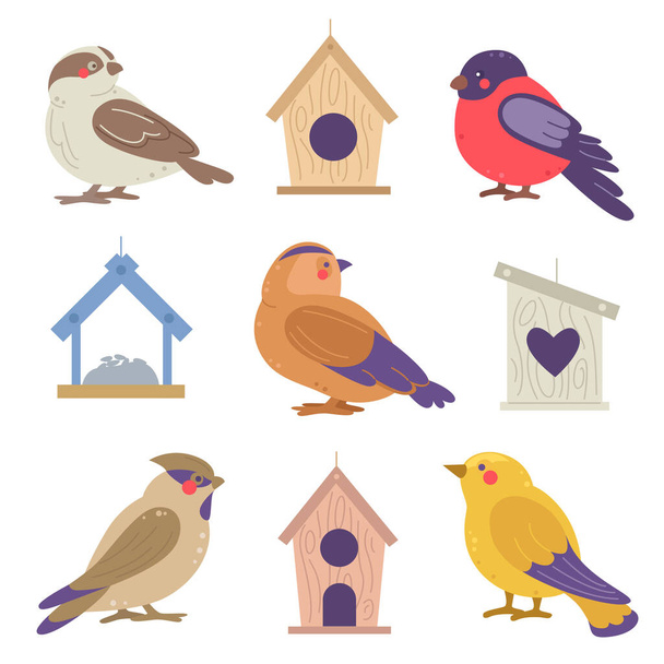Ensemble de cabanes pour oiseaux et oiseaux. - Vecteur, image