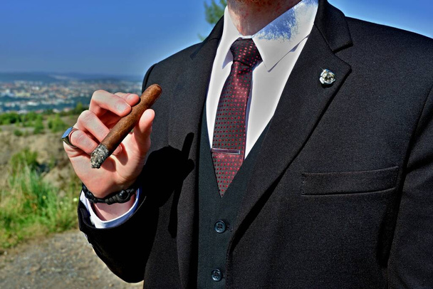 Pečlivě upravený gentleman v černém obleku, bílé košili a červené kravatě držící v ruce doutník. - Fotografie, Obrázek