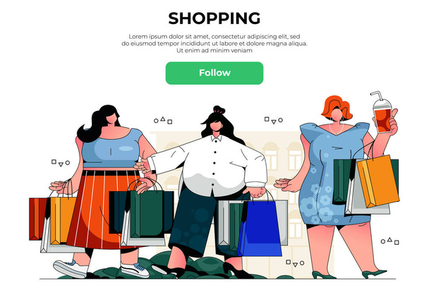 Nákupní web banner koncept. Happy ženy držet nákupní tašky s nákupy, nákup v obchodě, obchodě nebo obchoďáku, sleva prodej přistávací stránky šablony. Vektorová ilustrace s lidskou scénou v plochém designu - Vektor, obrázek