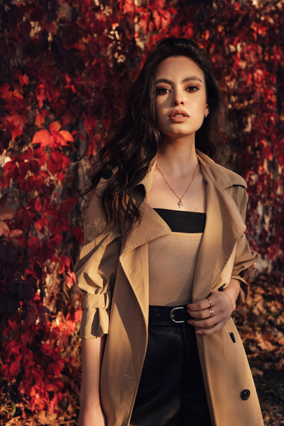 foto de moda al aire libre de la hermosa mujer con el pelo oscuro en la ropa elegante posando en el parque de otoño - Foto, Imagen