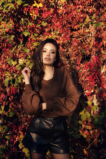 fashion outdoor photo of beautiful woman with dark hair in elegant clothes posing in the autumn park - Fotó, kép