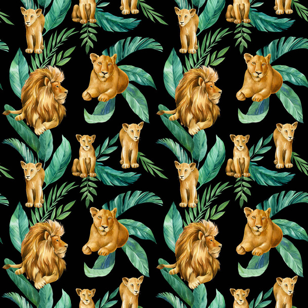 Watercolor animals, lion, lioness and lion cubs, seamless pattern for wallpaper or fabric - Photo, Image