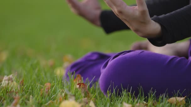 Mulher menina fazendo a prática da manhã no parque da cidade natureza gramado de grama verde. Detalhe tiro dedos femininos mãos sentadas em pose de lótus medita fazendo aulas de práticas espirituais exercícios de ioga meditação - Filmagem, Vídeo