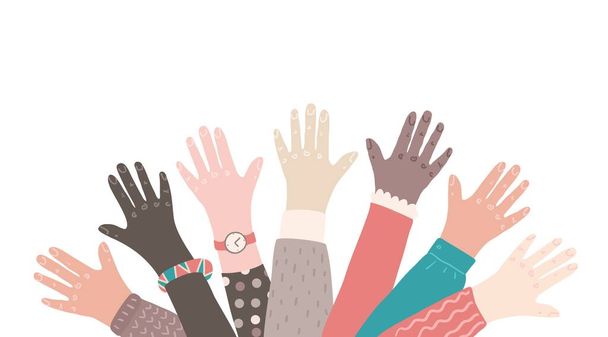 Különböző kéz. Különböző bőrszínű emberek emelik fel a kezüket. Vektorbarát közösségi koncepció. - Vektor, kép