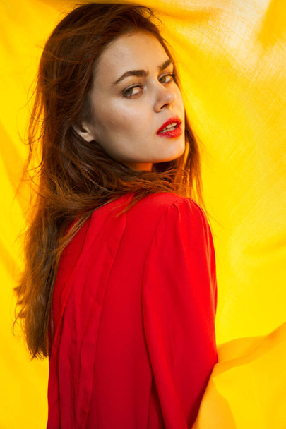 pretty woman in red dress nature yellow cloth on background - Photo, Image