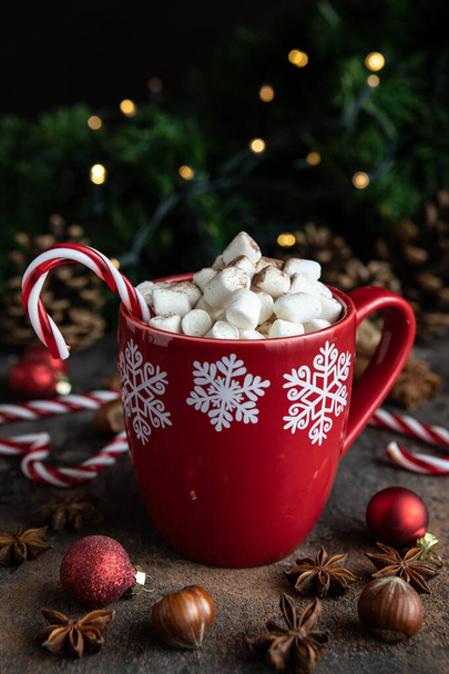 Cup of creamy hot chocolate with melted marshmallows   for christmas holiday - Photo, Image