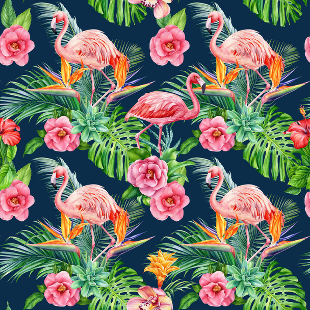 Watercolor tropical flowers, leaves and flamingos. Exotic flora, floral seamless pattern, digital paper - Photo, Image
