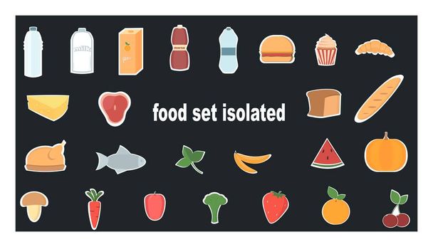  Images vectorielles isolées de nourriture pour application mobile. Un ensemble d'icônes, icônes de légumes, fruits, baies, viande, poisson, lait, boissons gazeuses, confiseries, pâtisseries, pain. - Vecteur, image