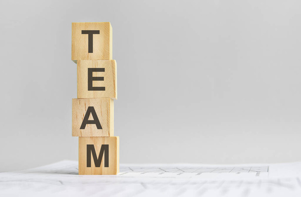 word team with wood building blocks, light gray background. document with numbers on background, business concept. space for text in right. front view. - Foto, Imagen