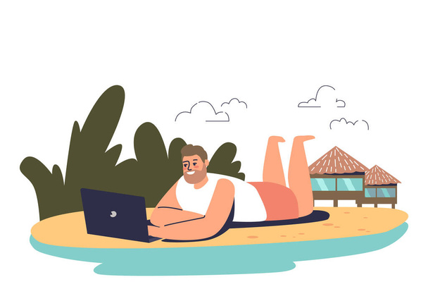 L'homme travaille sur la plage. Homme freelance utilisation ordinateur portable couché sur paradize bord de mer. Travailleur avec ordinateur portable - Vecteur, image