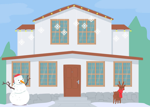 Casa de campo decorada con decoración navideña, copos de nieve en las ventanas, muñeco de nieve y escultura de renos en el patio, Casa de invierno - Vector, Imagen