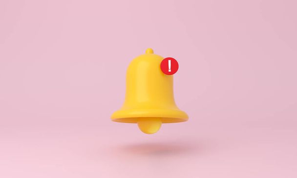 Yellow notification bell on pink background. Minimal icon. 3d rendering. - Photo, Image