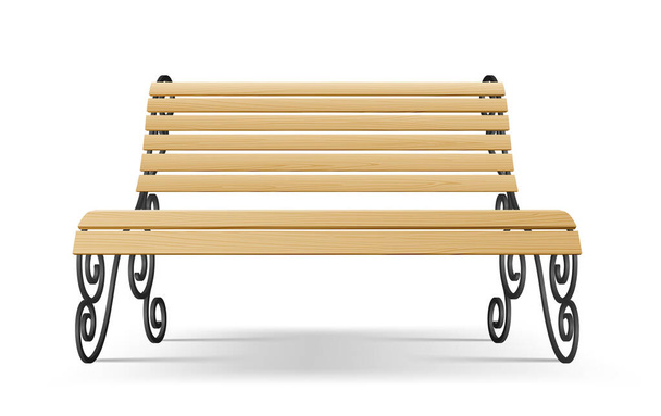Vintage wooden bench with forged metal legs and armrests. Outdoor relaxation furniture - Vector, Image
