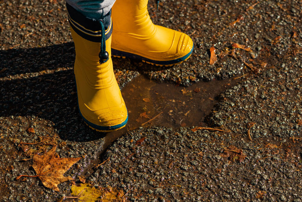 Child with rubber rain boots walking on wet sidewalk in autumn afternoon, selective focus - Photo, image